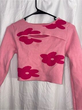 Pink Floral Cutout Knit Crop Top